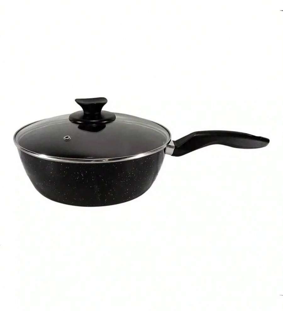 24 Cm Large High Deep Non-Stick Frying Pan With Glass Lid + Spatula - 黑色 - 查看 1
