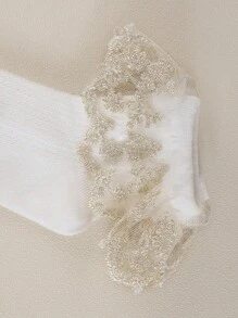 3pairs White Socks With Gold Lace Trim, Floral Lace Soft Short Socks For Party, Ballet, Casual Wear In Autumn & Winter - Gold - View 3