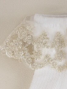 3pairs White Socks With Gold Lace Trim, Floral Lace Soft Short Socks For Party, Ballet, Casual Wear In Autumn & Winter - Gold - View 2