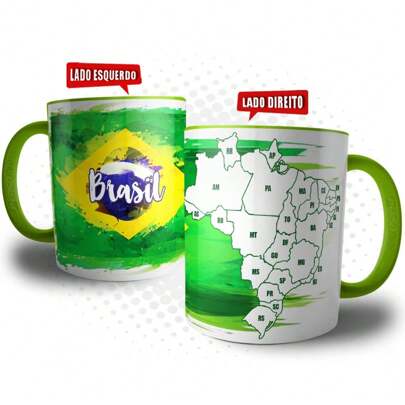 Caneca com Bandeira e Mapa do Brasil - Presente Lembrança de Viagem, Copo Lembrança de Uma Viagem ao Brasil para Pintar os Lugares Visitados,
