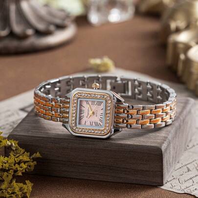 xinyunkou Reloj cuadrado coreano para mujer, correa de acero con diamantes, esfera pequeña de color azul claro, esfera blanca, de lujo ligero, elegante y compacto, reloj de pulsera casual y sencillo, reloj cuadrado pequeño y de