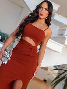 2Strap Midi Dress With Slit And Front Cutout - Blogger Fashion - Foreign Fashion - 2024 - 巧克力棕 - 查看 3