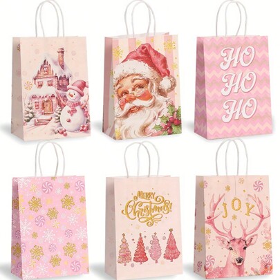 Bolsas de regalo de papel con gráficos de Papá Noel y árbol de Navidad en color rosa, con asas, para regalos de caramelos y fiestas de Navidad