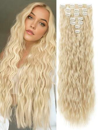 18-30 Inch Long Wavy Clip-In Hair Extensions, 7pcs/Set, Thickened Hair Pieces, Invisible Clip Design, Soft Synthetic Fiber, Black, For Women