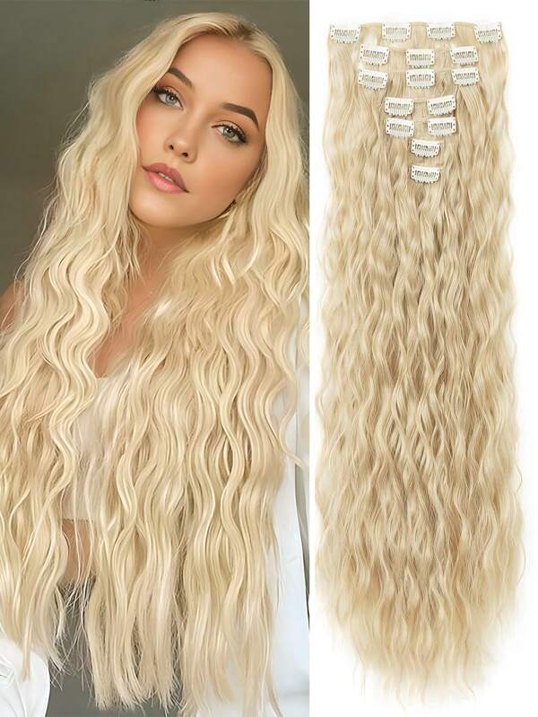 Extensões de cabelo longas e onduladas de 18 a 30 polegadas, 7 peças/conjunto de peças de cabelo grossas com clipes invisíveis, fibra sintética macia, preta, para mulheres