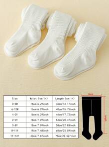 3pcs Children White Striped Simple & Versatile Daily Wear Tights - White - View 3