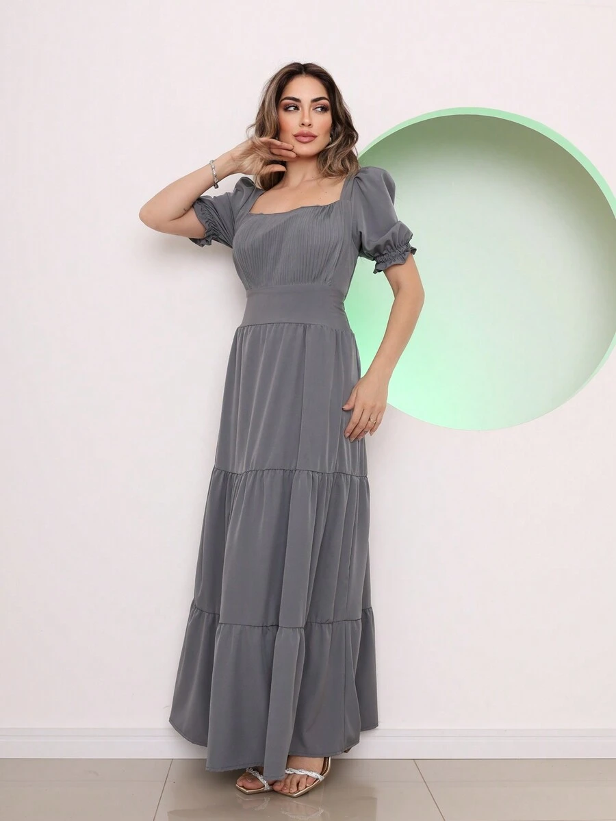 Long Dress With 3 Ruffled Sleeves - Gris - Ver 1