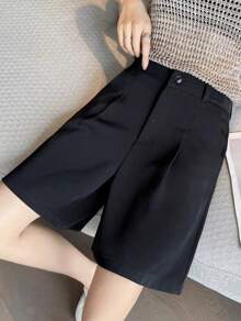 Women's Summer 2024 Twill Fabric Suit Bermuda Shorts High Waist Wide Leg A-Line Casual Five-Inch Length - màu đen - Xem 2
