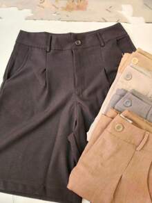 Women's Summer 2024 Twill Fabric Suit Bermuda Shorts High Waist Wide Leg A-Line Casual Five-Inch Length - màu đen - Xem 3