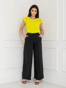 Imported Women's Top, Short Sleeve Model, The Cuffs Are Transparent Lace Change, There Is A Hollow Design On The Front, A Small Round Neck, And A Special Design On The Neckline. The Model Number Is CMZ151. - 黃色 - 查看 2