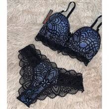 LACE LINGERIE SET WITH PADDED BRA + PANTIES SENSUAL NIGHT LINE WINTER FASHION LINGERIE - Màu xanh nhạt - Xem 2