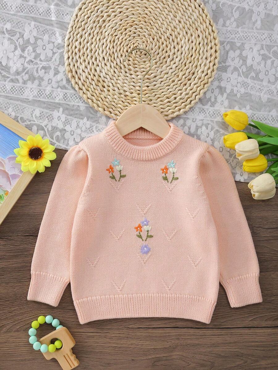 年轻女孩休闲针织圆领刺绣毛衣，秋冬 - 粉色 - 查看 1
