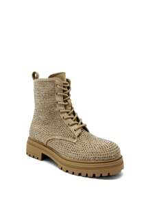 RevReaL Women's Rivet Decor Platform Boots - Fashionable Lace Up Ankle Boots (Black/Khaki)