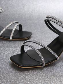 Giày cao gót mũi vuông đính đá Rhinestone cho nữ, màu đen, giống như tiên, đa năng, mùa hè và mùa thu, giày cao gót thời trang kiểu Pháp - màu đen - Xem 6