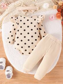 2pcs Baby/Toddler Girls' Cute Polka Dot Print Long Sleeve Romper And Pants Set, Lightweight Spring Autumn