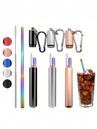 3pcs Stainless Steel Reusable Straws Set With Telescopic Straws, Cleaning Brush And Storage Case, Suitable For Outdoor Camping Christmas Gift Back To School,School Supplies