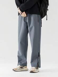 男士轻便透气速干运动裤，灰色修身弹力裤，带拉链口袋和可调节裤脚，适合户外活动、健身和跑步 - 灰色 - 查看 2