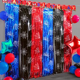 Spider Web Birthday Decorations, 1/2/4 Packs Spider Party Supplies 3.3x6.6ft Tinsel Foil Fringe Curtains, Red Black, And Blue Photo Booth Prop Backdrop Streamer, Birthday Decor, Party Decor, Back To School Valentine Day