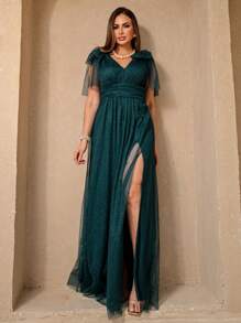 Shiny Flutter Sleeve Multi-Shape Dress - 墨綠色 - 查看 5