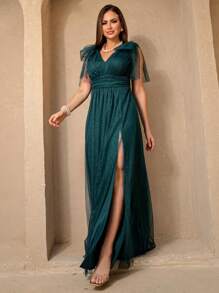 Shiny Flutter Sleeve Multi-Shape Dress - 墨綠色 - 查看 4