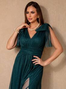 Shiny Flutter Sleeve Multi-Shape Dress - 墨綠色 - 查看 6