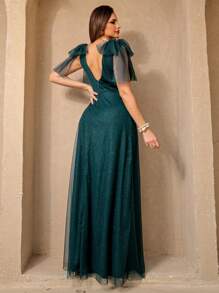 Shiny Flutter Sleeve Multi-Shape Dress - 墨綠色 - 查看 8