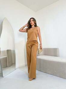 Women Summer Casual Suit Set With Vest And Pants/DD070 - Màu Khaki - Xem 3