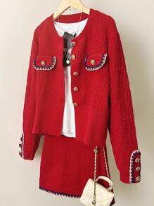 Bộ áo len cardigan màu đỏ thời trang và chân váy thanh lịch hai mảnh - Đỏ - Xem 1