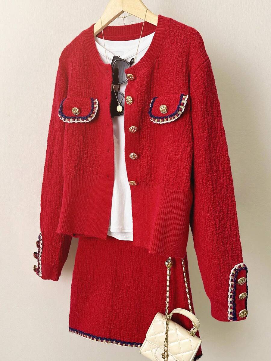 Bộ áo len cardigan màu đỏ thời trang và chân váy thanh lịch hai mảnh - Đỏ - Xem 1