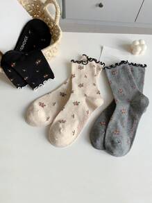 3 双女士花朵袜子复古时尚简约韩版可爱袜子 - 彩色 - 查看 3