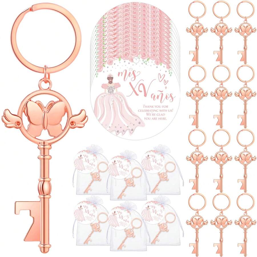 30 pezzi di regali per gli ospiti di una festa, apribottiglie a forma di farfalla con portachiavi, biglietti regalo e sacchetti di organza per una festa di compleanno di 15 anni, regali per gli ospiti per il ritorno a scuola