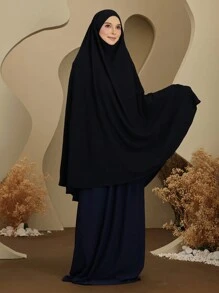 1pc Women's Solid Color Instant Hijab, Prayer Long Khimar, Islamic Comfortable Veil Suitable For Long Robe, Daily Matching - Chin Khimar - View 2