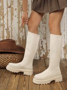 Women's Knitted Elastic Sock Boots, 2024 Autumn Winter New Fashion Casual Wear Leg-Shaping High-Top Sports Boots, Slip-On Round Toe Slim Fit Tall Boots, Thick Sole Elevator Elastic Sock Shoes, Flexible Riding Boots, Suitable For Dresses In All Seasons - White - View 5