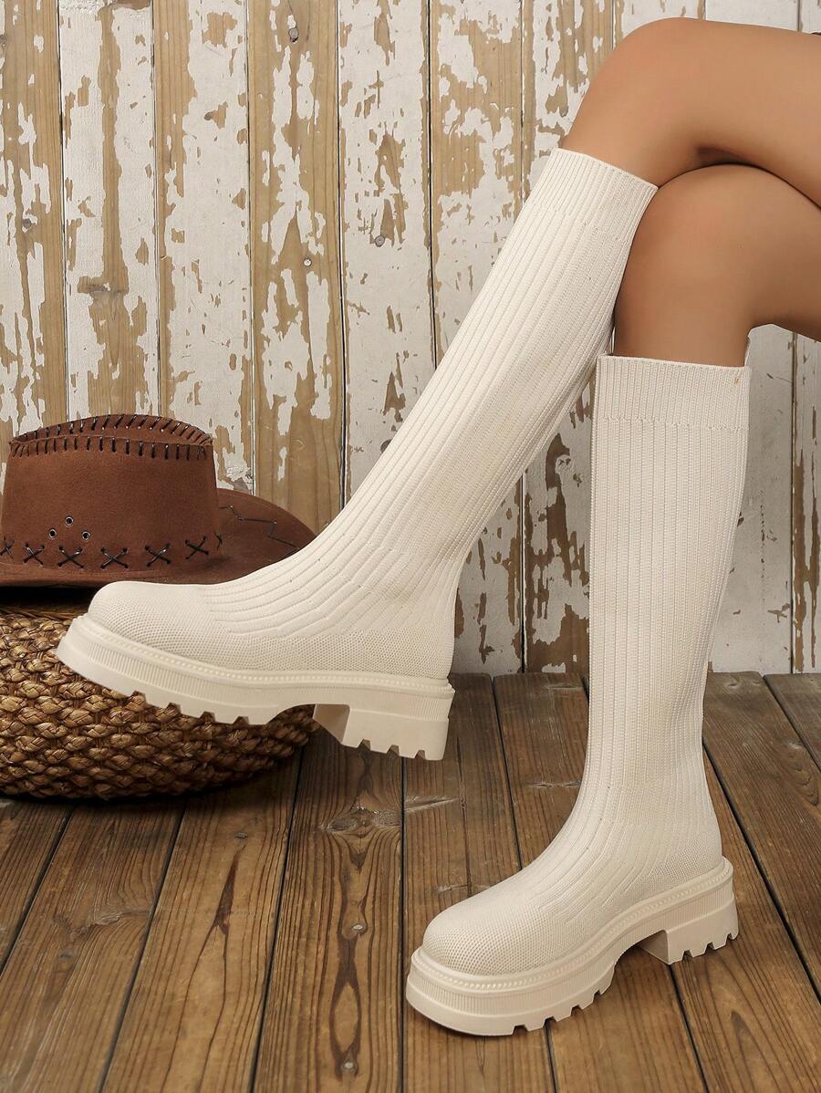 Women's Knitted Elastic Sock Boots, 2024 Autumn Winter New Fashion Casual Wear Leg-Shaping High-Top Sports Boots, Slip-On Round Toe Slim Fit Tall Boots, Thick Sole Elevator Elastic Sock Shoes, Flexible Riding Boots, Suitable For Dresses In All Seasons - White - View 1
