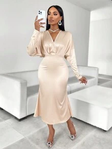 派对女士优雅缎面纯色 V 领蝙蝠袖长袖褶皱连衣裙