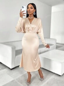 Robe plissée à manches longues, col en V en satin unicolore, élégante pour femme, pour soirée