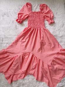 Women's Midi Dress Plain Tip Short Sleeve - Màu Hồng  Dưa hấu - Xem 2