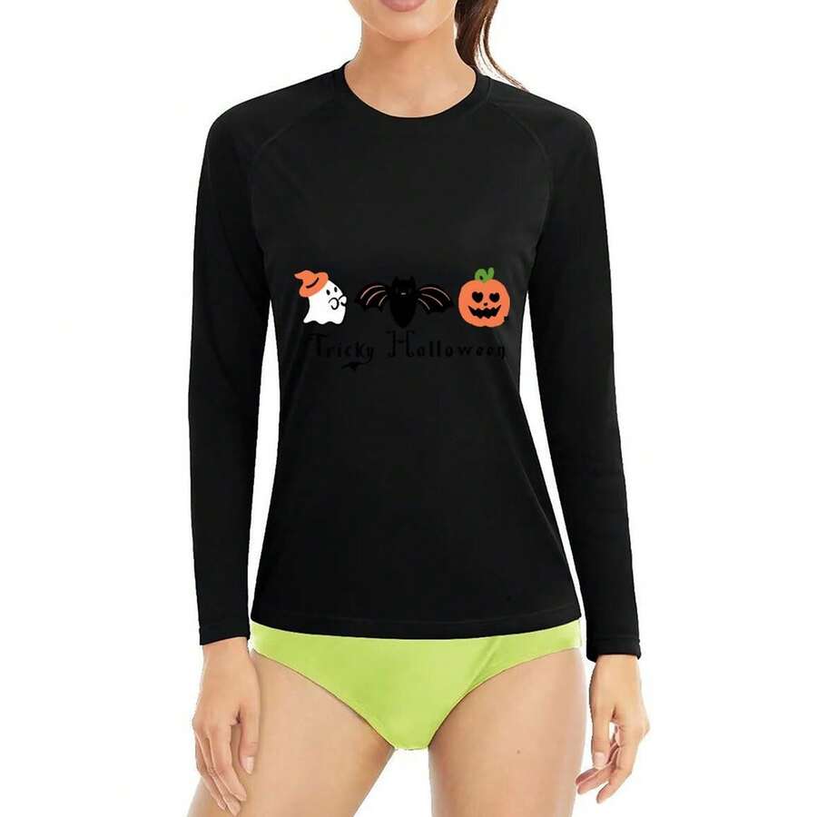 Spring And Fall Thin Tops Printed Long-Sleeved T-Shirt Summer Sunscreen Tops Woman Clothes Self-Developed Design Halloween Cute Little Pumpkins Little Spooky - màu đen - Xem 1