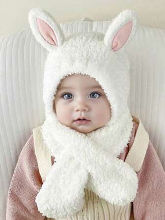 1 Stück/2 Stücke Set mit Baby Niedlichen Kaninchen Ohr Fleece Dickem Warmen Ohrenklappen Gestrickter Mütze + Schal, perfekter Passender Herbst und Winter Look