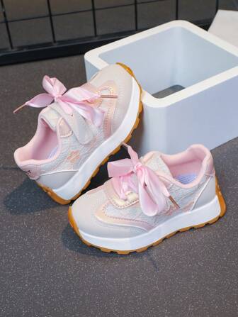 1 Paar neue Sportschuhe für Babys/Kleinkind Mädchen aus Spitzenstoff, rosa Schleifen Verschluss Lässig Sneakers, atmungsaktiv für den täglichen Gebrauch, Schuhinnensohle Länge 13,5-18,2 cm, modische Kinderschuhe