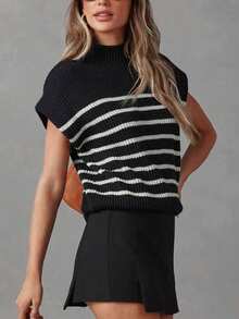 Women's Striped Batwing Short Sleeve Sweater, Casual And Fashionable For Daily Wear In Autumn And Winter - Black and White - View 2