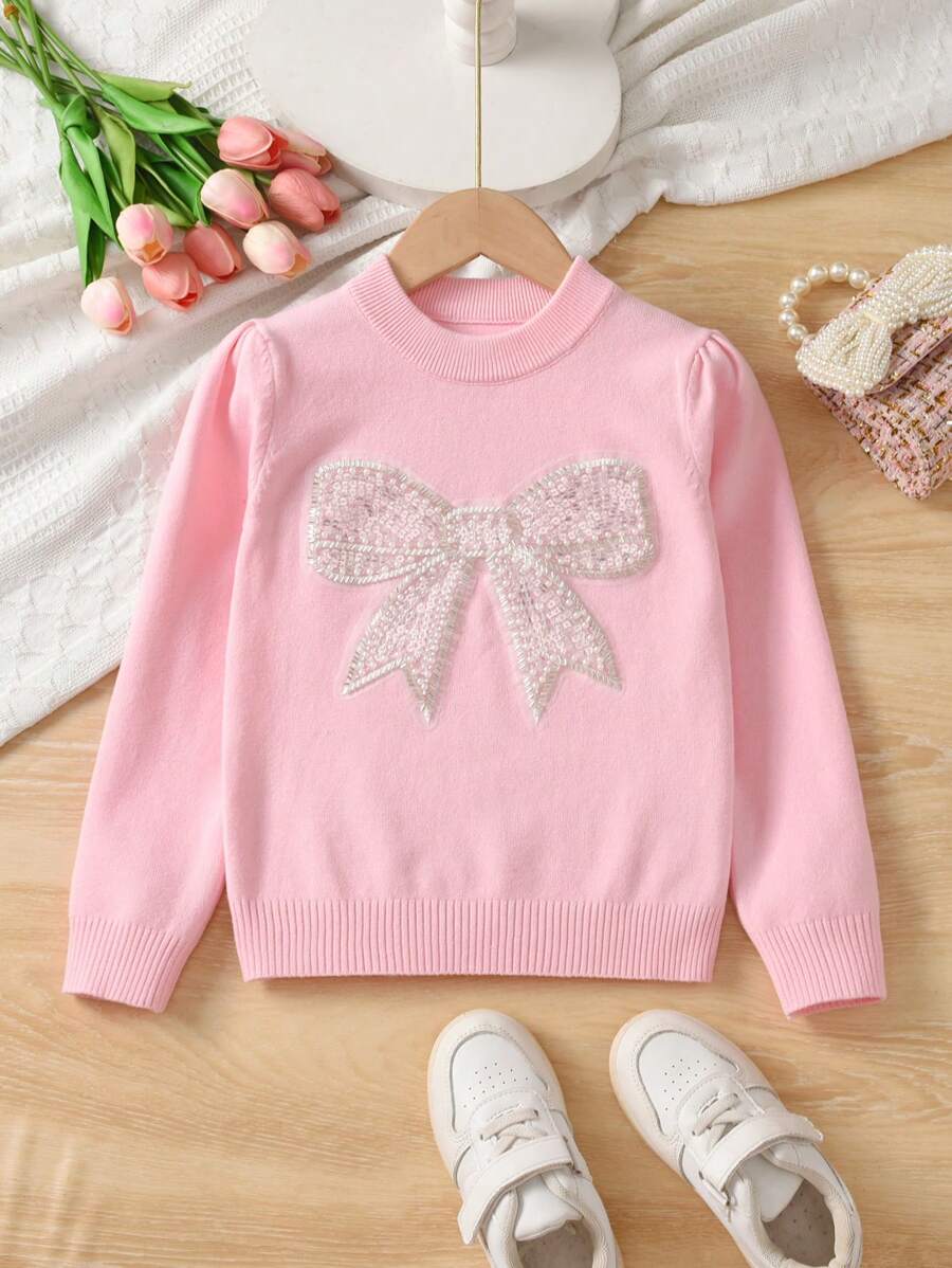 女孩年轻女孩可爱蝴蝶针织套头衫，适合春/秋/冬日常穿着 - 粉色 - 查看 1