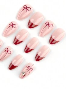 Sanrio Valentines Nails 24pcs/Set Mid-Length Elegant Y2k Style Red Rope Bowknot Hair Ties For Valentine'S Day Gift, With Simple Red French Style Rhinestone & Sweet Almond Nail Piece + 1 Jelly Nail Glue + 1 Nail Polishing Strip Press On Nails Nail Supplies