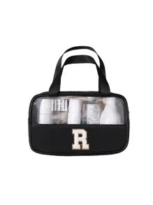 1 件时尚新款方形纯色 PU 和 PVC 皮革面料，配白色毛巾绣有字母 A-Z，防水拉链上衣和女士化妆包，配有背带设计，学生返校洗漱包，宿舍化妆品收纳，适合大学生度假旅行上学沙滩包沙滩必需品沙滩巾收纳袋沙滩配件夏季沙滩用品 - 黑色 - 查看 20