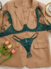 Bộ đồ lót ren viền 2 món/bộ, áo ngực và quần lót quyến rũ gợi cảm - màu xanh lá - Xem 3