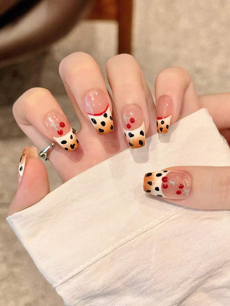 10 piezas de uñas postizas con diseño de leopardo francés y cerezas, moda y versátiles, removibles y reutilizables - Multicolor - Ver 1