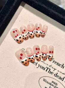 10 piezas de uñas postizas con diseño de leopardo francés y cerezas, moda y versátiles, removibles y reutilizables - Multicolor - Ver 2