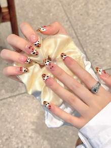 10 piezas de uñas postizas con diseño de leopardo francés y cerezas, moda y versátiles, removibles y reutilizables - Multicolor - Ver 3