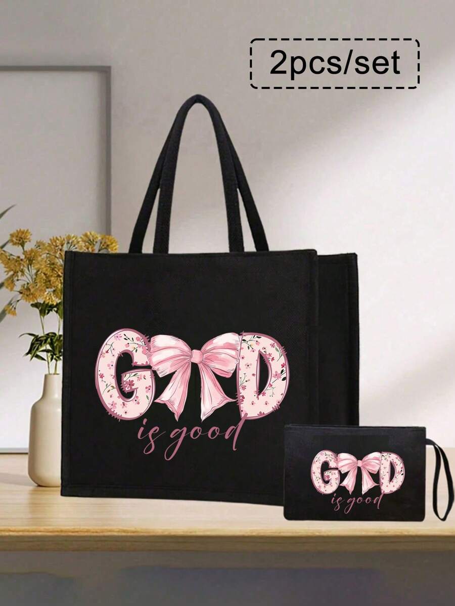 2pcs Black Mesh Bag, Letter & Bow Zipper Makeup Bag, Cosmetic Pouch/Toiletry Bag, Suitable For Women's Cosmetics Storage, College Dorm, Travel, Gifts, Colorful Letter Print Funny Makeup Bag, Drawstring - Perfect For Various Occasions: Valentine's Day, Wedding, Birthday, Christmas, Thanksgiving, Halloween, Easter, New Year - Black - View 1