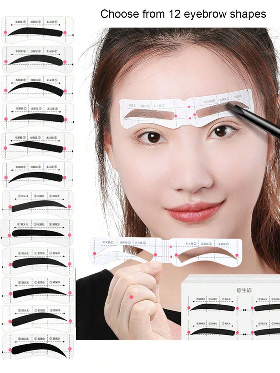 12支48支眉卡，有12种眉形选择，一支4支，适合新手化妆眉形造型、化妆、便宜、房间装饰、梳妆台、旅行、卧室、化妆配件